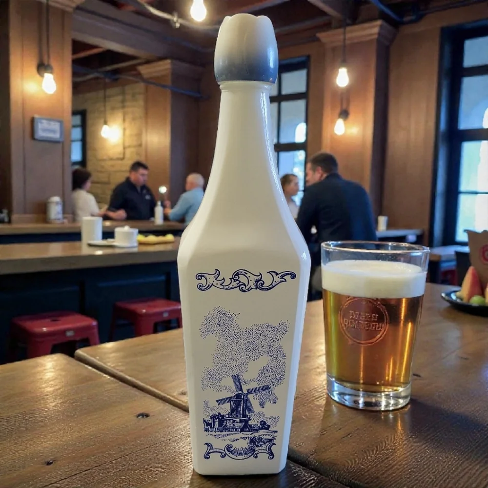 Vtg 60's Vandermint Milk Glass Liquor Bottle Delft Blue Windmills 11